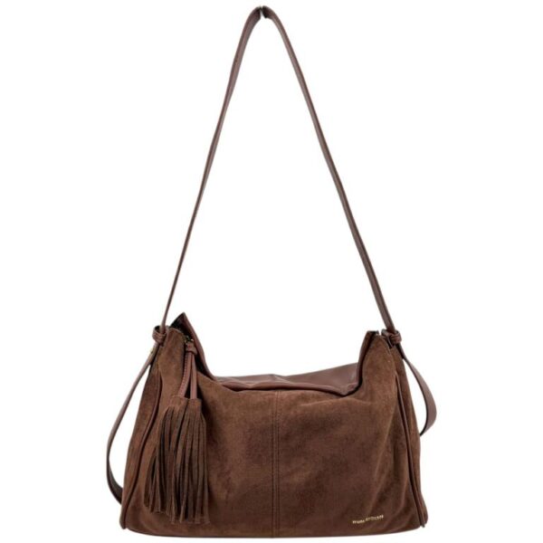 Bolso de Hombro Sintético Hobo con Frontal y Lados Estilo Serraje y Cremallera con Flecos para Mujer-Front- Mayorista España