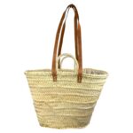 Cesta Capazo de Rafia Artesanal con 2 Asas Cortas y 2 Largas de Piel Marrón para Mujer
