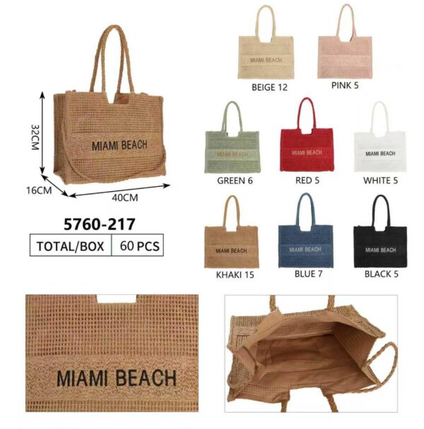 Amplio Bolso Tote de Papel Diseño "Miami Beach", Asa Larga y Cremallera para Mujer-All- Mayorista España