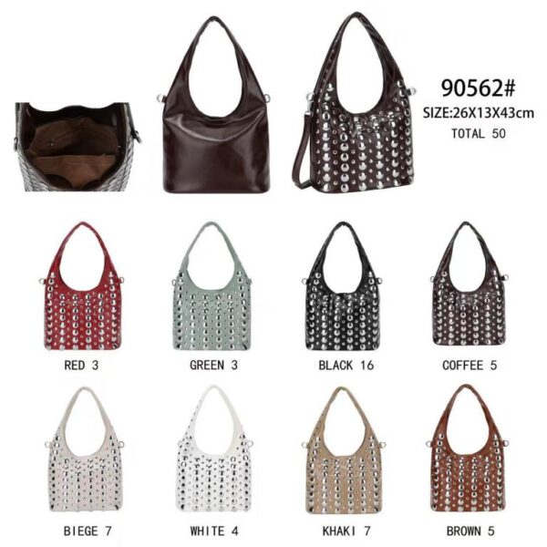 Bolso de Hombro Sintético de Mujer con Frontal de Tachuelas, Asa y Tira Bandolera-All- Mayorista España