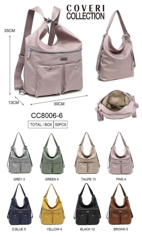 Amplio Bolso-Mochila Coveri Collection en Tela Nylon con 4 Bolsillos Exteriores para Mujer - Mayorista España