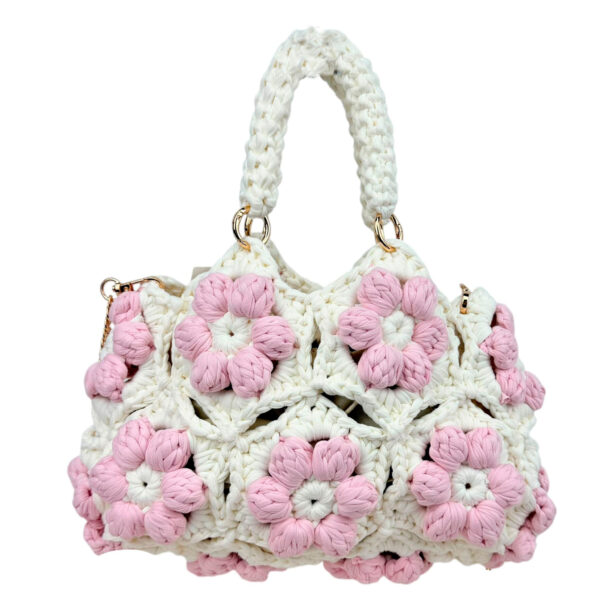 Bolso de Mano en Algodón Tipo Ganchillo con Diseño de Flores y Saquito Interno para Mujer - Imagen 4