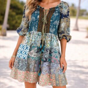 Vestido Corto Artesanal de Mujer en Seda con Escote y Nudo con Cuerdas por Delante - Mayorista España