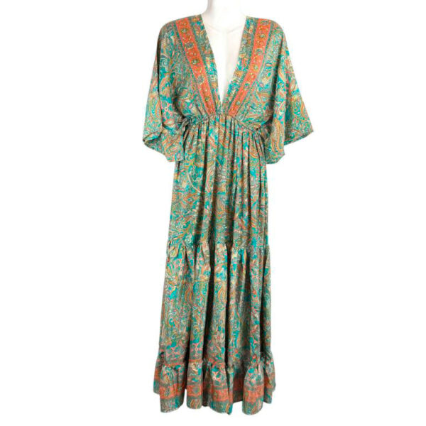 Vestido Largo Artesanal de Seda para Mujer con Diseño Multicolor y Cierre de Tira en Cuello - Imagen 2