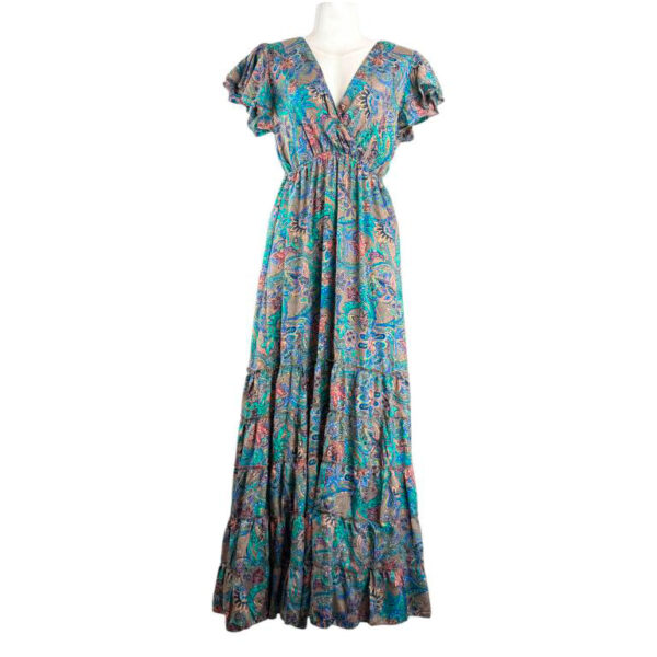 Vestido Artesanal Largo de Seda con Talla Única, Diseño Escalonado y Cuello en V para Mujer - Imagen 2