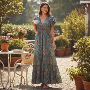 Vestido Artesanal Largo de Seda con Talla Única, Diseño Escalonado y Cuello en V para Mujer - Mayorista España