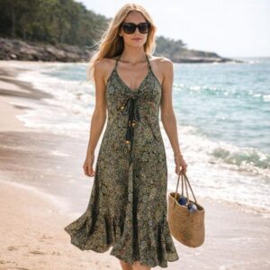 Cómodo Vestido Largo Artesanal de Seda para Mujer con Lazo Frontal y Espalda Descubierta - Mayorista España