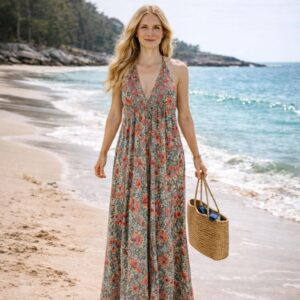 Vestido Largo Artesanal de Seda para Mujer con Espalda Descubierta y con Escote - Mayorista España