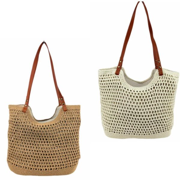 Bolso de Hombro en Algodón tipo Ganchillo con Asas Marrones y Cremallera para Mujer - Imagen 3