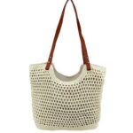 Bolso de Hombro en Algodón tipo Ganchillo con Asas Marrones y Cremallera para Mujer - Imagen 2