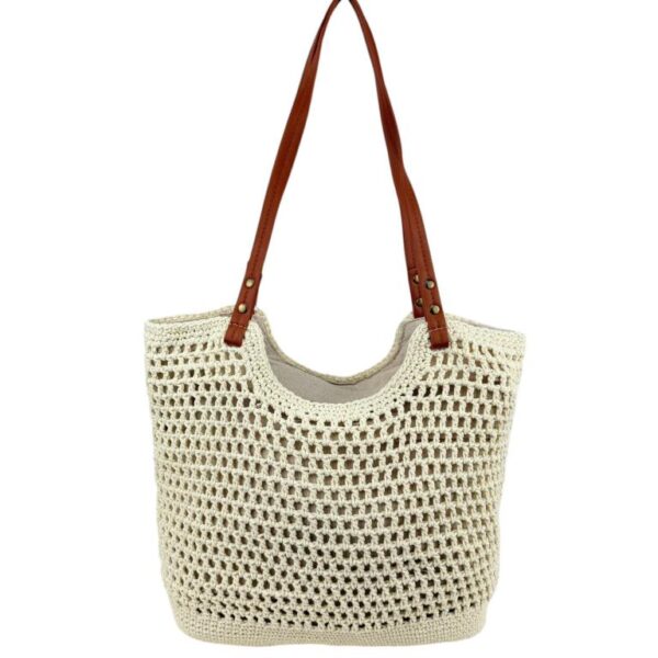 Bolso de Hombro en Algodón tipo Ganchillo con Asas Marrones y Cremallera para Mujer - Imagen 2