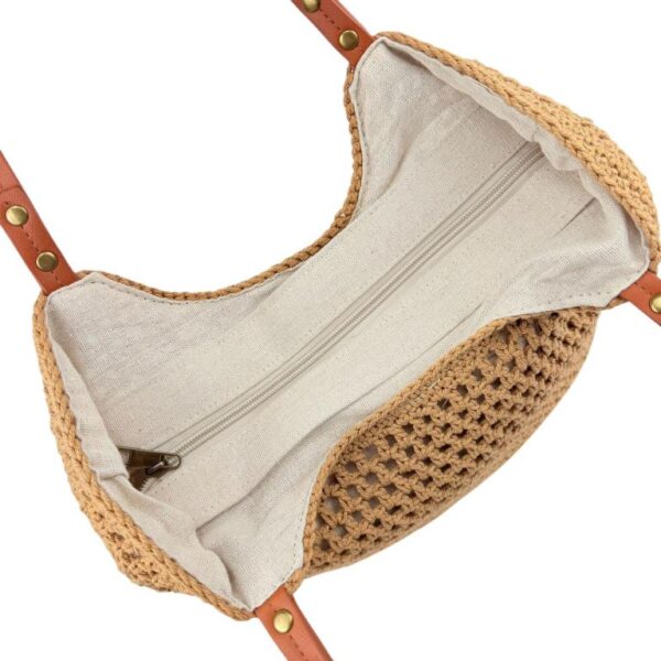Bolso de Hombro en Algodón tipo Ganchillo con Asas Marrones y Cremallera para Mujer - Imagen 6