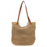 Bolso de Hombro en Algodón tipo Ganchillo con Asas Marrones y Cremallera para Mujer