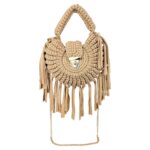 Bolso de Mano Algodón tipo Ganchillo con Flecos Decorativos y Cadena Dorada para Mujer