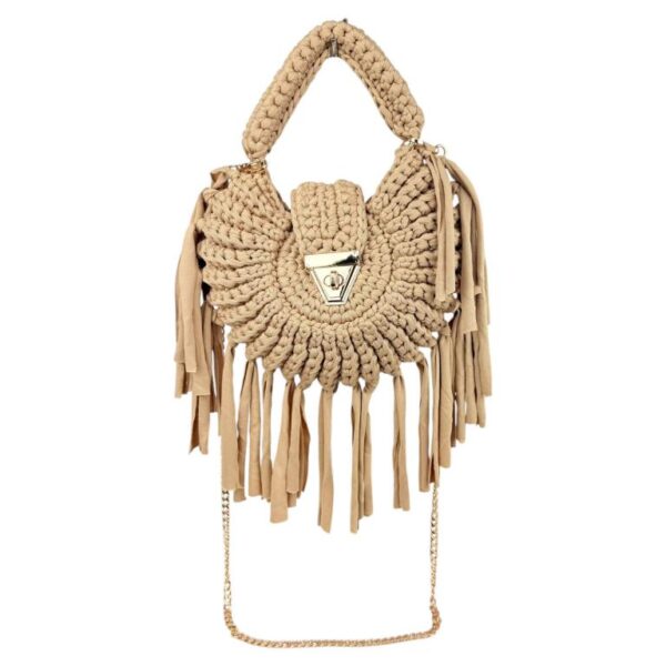 Bolso de Mano Algodón tipo Ganchillo con Flecos Decorativos y Cadena Dorada para Mujer - Imagen 4