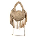 Bolso de Mano Algodón tipo Ganchillo con Flecos Decorativos y Cadena Dorada para Mujer - Imagen 3