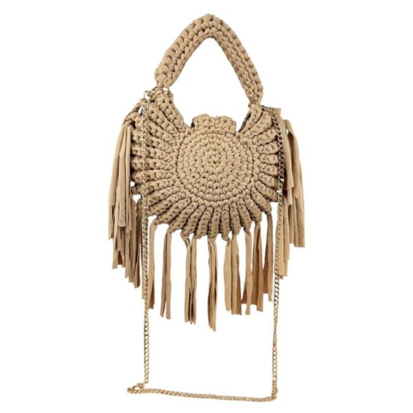 Bolso de Mano Algodón tipo Ganchillo con Flecos Decorativos y Cadena Dorada para Mujer - Imagen 3