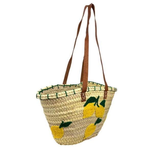 Cesta Capazo de Rafia Artesanal para Mujer con Estampado de Limón y Asas Largas de Piel - Imagen 2