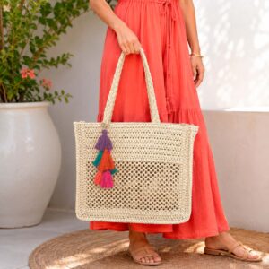 Amplio Bolso de Papel para Mujer con Pompones Decorativos Multicolores y 2 Asas-Principal- Mayorista España