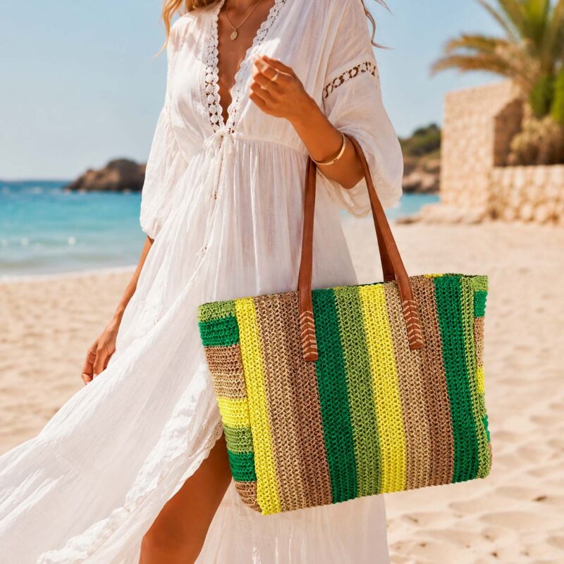 Bolso Grande de Papel tipo Shopper con Diseño a Rayas y 2 Asas Largas para Mujer-Principal- Mayorista España