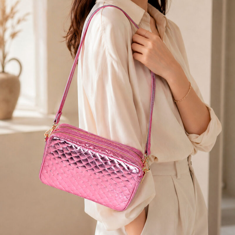Bolso Bandolera de Mujer en Piel Italiana con Efecto Brillante y 2 Bolsillos con Cremallera-Principal- Mayorista España