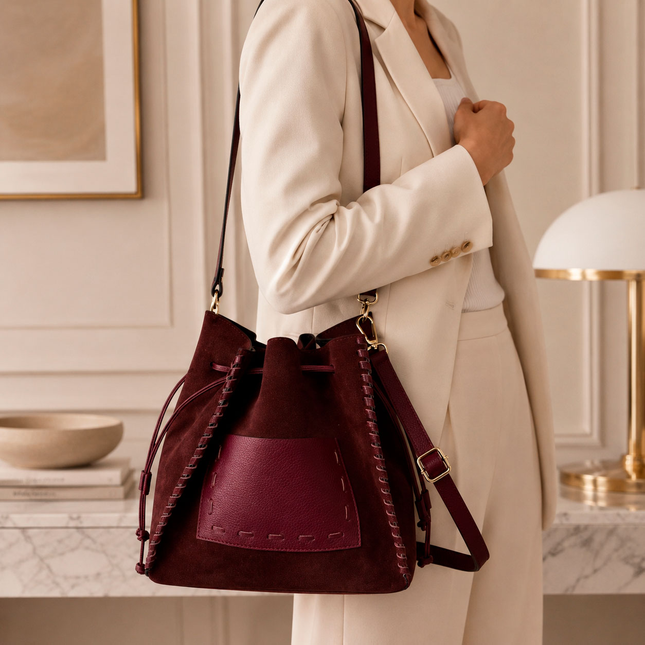 CG58037-Principal Bolso Bucket en Piel serraje con Compartimento Frontal y Cierre de Cuerdas Mujer-All- Mayorista España