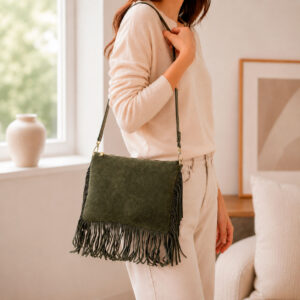 Bolso Bandolera de Serraje Italiano con Gran Calidad, Flecos Decorativos y Cremallera para Mujer-Principal- Mayorista España