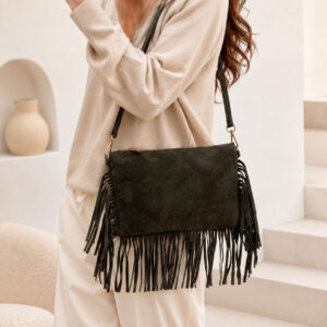 Bolso Bandolera en Piel de Serraje Italiano con Flecos Decorativos y Cremallera para Mujer-Principal- Mayorista España
