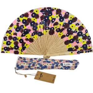 Abanico de Madera La Matilda con Funda a Juego, Diseño Estampado y Gran Calidad para Mujer-Florecillas- Mayorista España