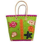 Cesta Capazo Artesanal Premium Rafia Mujer con Asas de Piel y Diseño Marino Multicolor