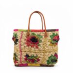 Cesta Capazo Artesanal Premium Mujer de Rafia con Asas de Piel y Diseño Flores Multicolor