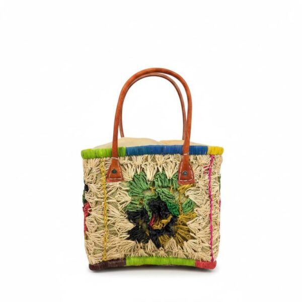 Cesta Capazo Artesanal Premium Mujer de Rafia con Asas de Piel y Diseño Flores Multicolor - Imagen 3