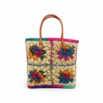 Cesta Capazo Artesanal Premium Mujer de Rafia con Asas de Piel y Diseño Flores Multicolor - Imagen 4