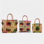 Cesta Capazo Artesanal Premium Mujer de Rafia con Asas de Piel y Diseño Flores Multicolor - Imagen 2