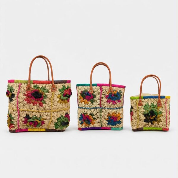 Cesta Capazo Artesanal Premium Mujer de Rafia con Asas de Piel y Diseño Flores Multicolor - Imagen 2