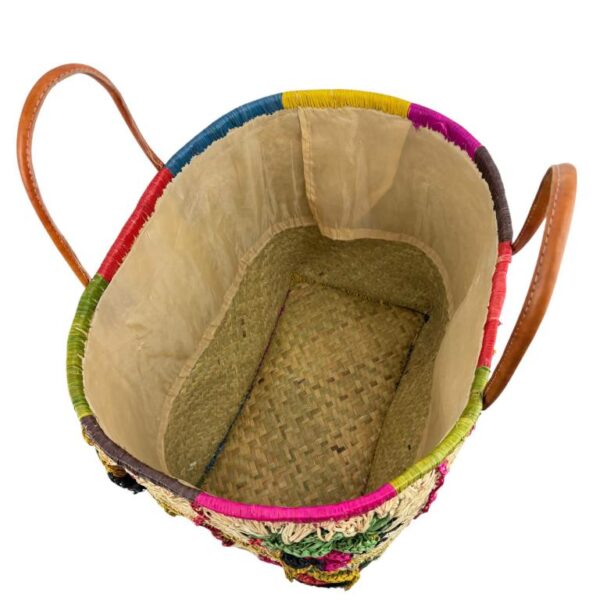Cesta Capazo Artesanal Premium Mujer de Rafia con Asas de Piel y Diseño Flores Multicolor - Imagen 7