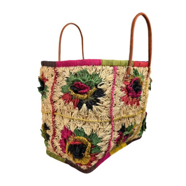 Cesta Capazo Artesanal Premium Mujer de Rafia con Asas de Piel y Diseño Flores Multicolor - Imagen 5