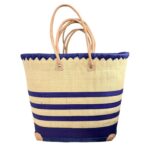 Cesta Capazo Artesanal Premium Rafia Mujer con Asas de Piel y Diseño Rayas