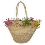 Cesta Capazo Artesanal de Rafia con Flores Decorativas y Asas Largas para Mujer - Imagen 5