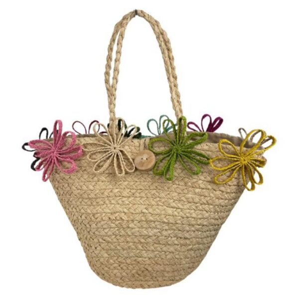 Cesta Capazo Artesanal de Rafia con Flores Decorativas y Asas Largas para Mujer - Imagen 5