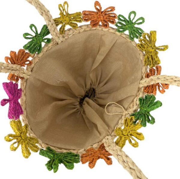 Cesta Capazo Artesanal de Rafia con Flores Decorativas y Asas Largas para Mujer - Imagen 4