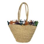 Cesta Capazo Artesanal de Rafia con Flores Decorativas y Asas Largas para Mujer - Imagen 7
