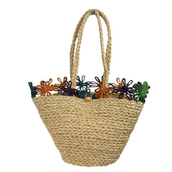Cesta Capazo Artesanal de Rafia con Flores Decorativas y Asas Largas para Mujer - Imagen 7