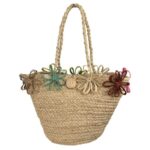 Cesta Capazo Artesanal de Rafia con Flores Decorativas y Asas Largas para Mujer - Imagen 11