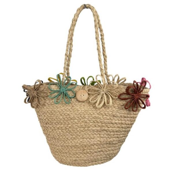 Cesta Capazo Artesanal de Rafia con Flores Decorativas y Asas Largas para Mujer - Imagen 11
