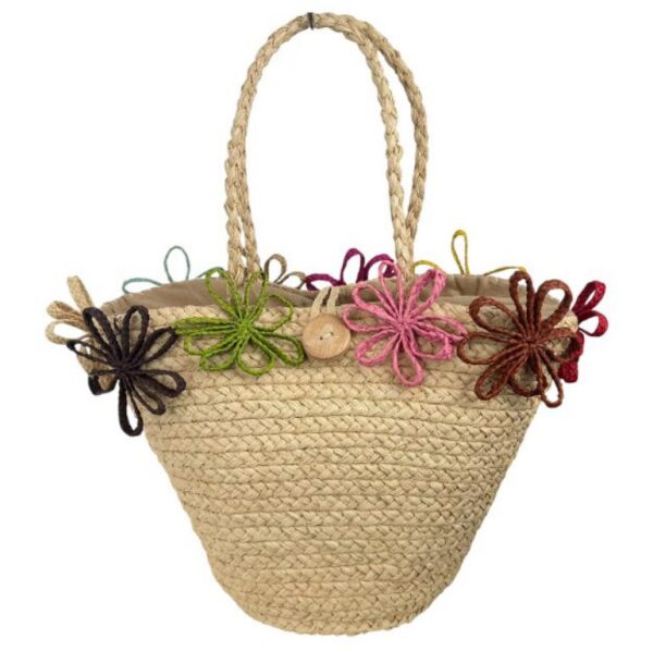 Cesta Capazo Artesanal de Rafia con Flores Decorativas y Asas Largas para Mujer - Imagen 12
