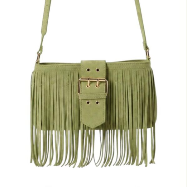 Bolso de Hombro Sintético tipo Serraje con Mini Solapa Ajustable y Flecos Frontales para Mujer - Imagen 7