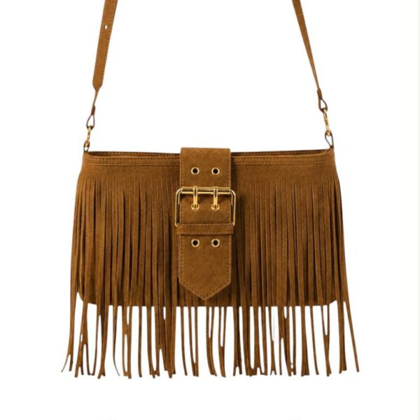 Bolso de Hombro Sintético tipo Serraje con Mini Solapa Ajustable y Flecos Frontales para Mujer - Imagen 4