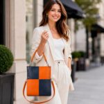 Amplio Bolso de Mano Sintético con Diseño de Cuadrados y Bolsillo Trasero Vertical para Mujer