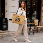 Bolso de Hombro Artesanal tipo Shopper en Yute con Números en el Frontal para Mujer